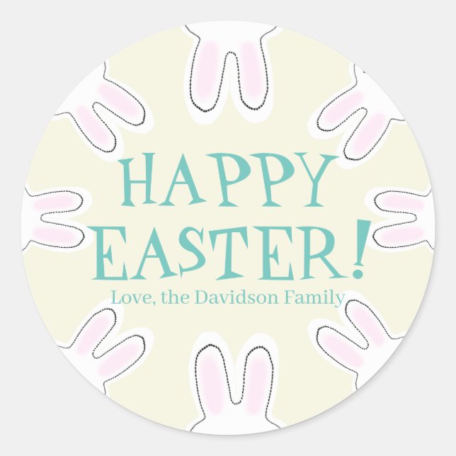 Happy Easter teal cream custom cute bunnies funny Classic Round Sticker (Front)