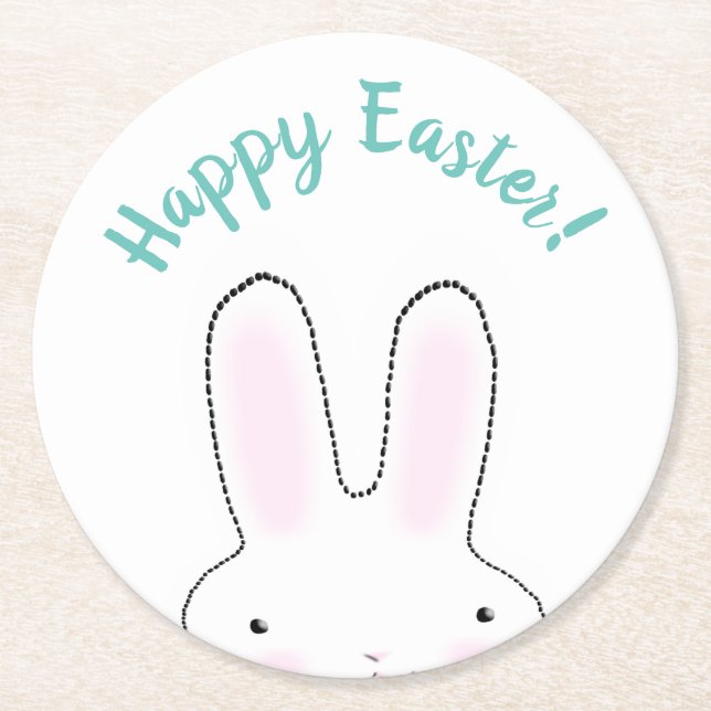 Happy Easter teal cute Bunny custom script funny Round Paper Coaster (Front)