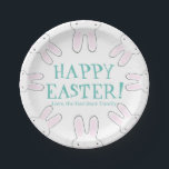 Happy Easter teal white custom text cute bunnies Paper Plate<br><div class="desc">Happy Easter teal pink and white custom text cute bunnies modern fun funny party Paper Plates</div>