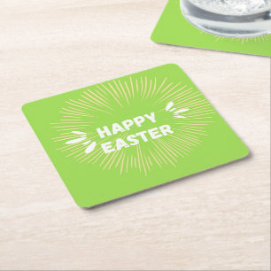 Happy Easter text on green Square Paper Coaster