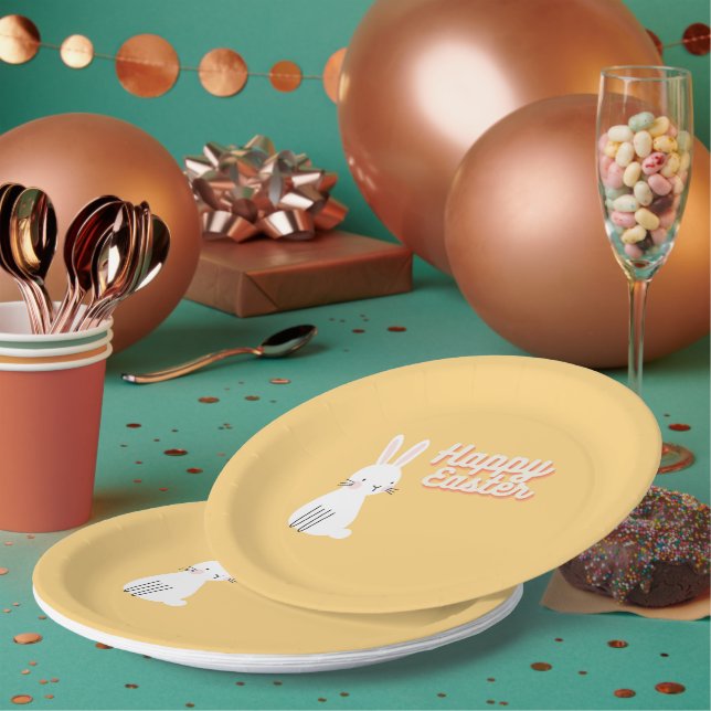 Happy Easter text with bunny orange Paper Plate (Multi)