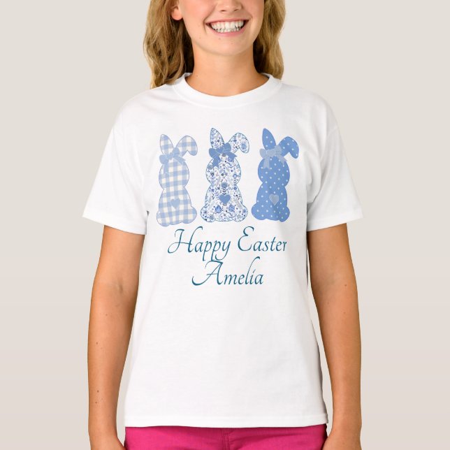 Happy Easter Three Bunny Blue Personalized T-Shirt (Front)