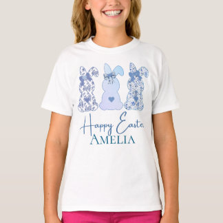 Happy Easter Three Bunny Floral Blue Personalized T-Shirt