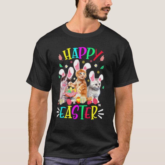 Happy Easter Three Cat Bunny Ears  Cat  Easter Day T-Shirt (Front)