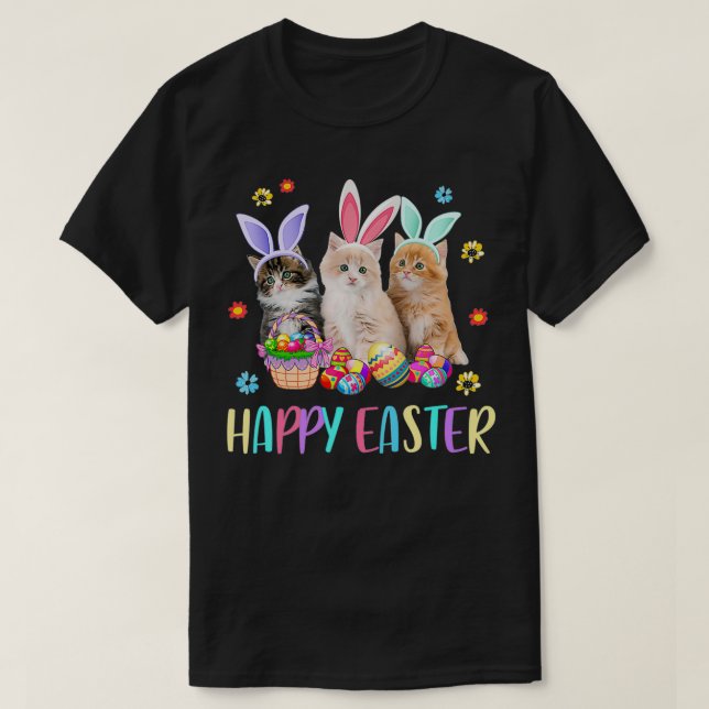 Happy Easter Three Cat Wearing Bunny Ear Kitty Kit T-Shirt (Design Front)