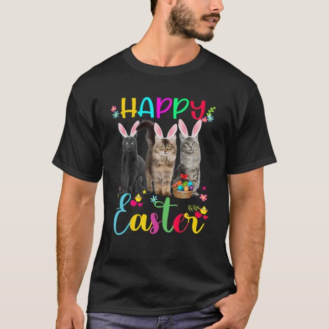 Happy Easter Three Cat Wearing Bunny Ears Basket K T-Shirt (Front)