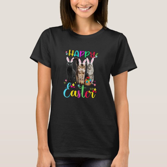Happy Easter Three Cat Wearing Bunny Ears Basket K T-Shirt (Front)