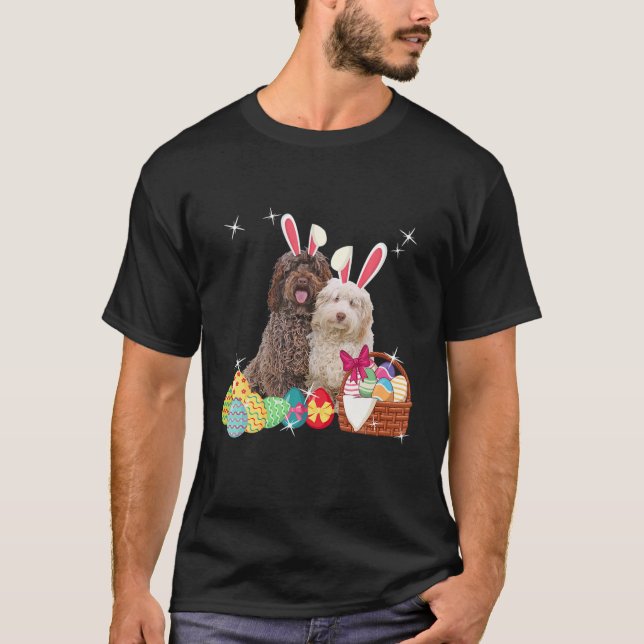 Happy Easter Three Cockapoo Wearing Bunny Ear Dog T-Shirt (Front)
