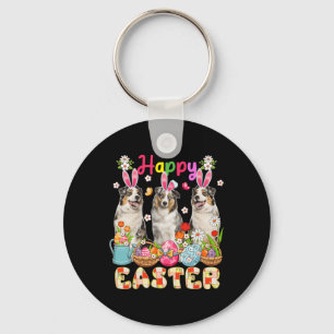 Happy Easter Three Cute Bunny Australian Shepherds Keychain