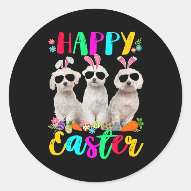 Happy Easter Three Maltese Wearing Bunny Ears Classic Round Sticker (Front)