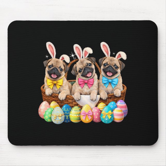 Happy Easter Three Pug Wearing Bunny Ears Basket Mouse Pad (Front)