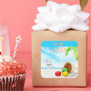 Happy Easter Tropical Ocean Beach Coastal Holiday Square Sticker