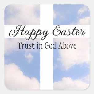 Happy Easter Trust in God Blue and White Square Sticker