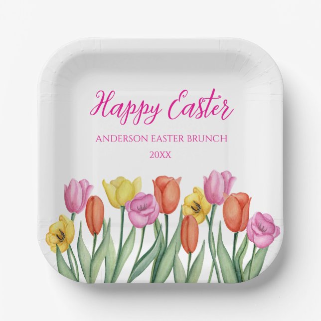 Happy Easter Tulip  Paper Plate (Front)