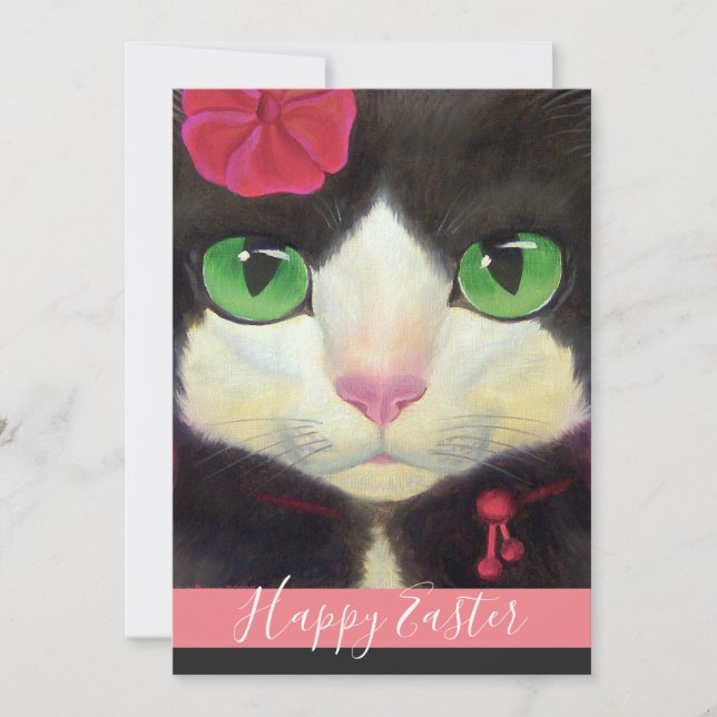 Happy Easter Tuxedo Cat Kitten Illustration Holiday Card (Front)