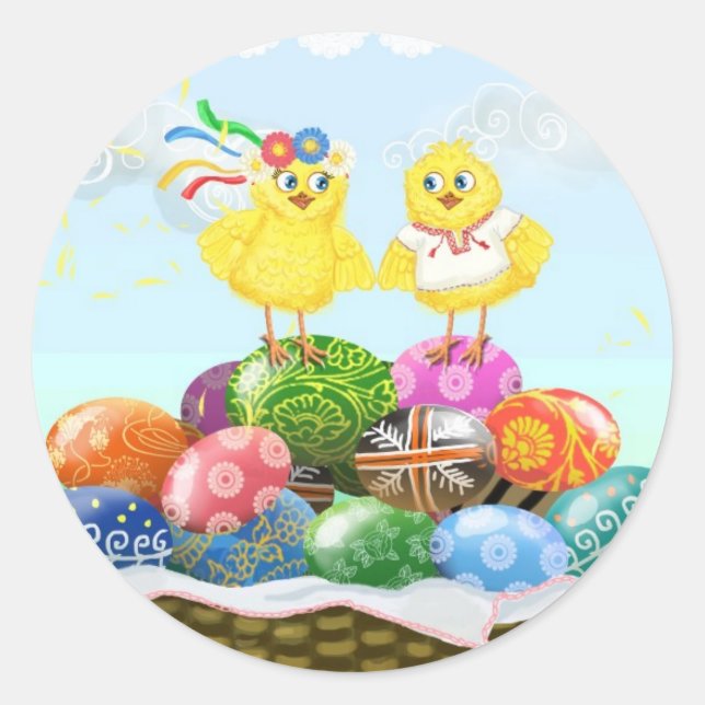 Happy Easter Ukrainian chickens Classic Round Sticker (Front)