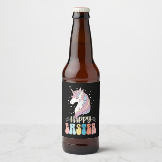 Happy Easter Unicorn Bunny Rabbit Eggs Beer Bottle Label (Front)