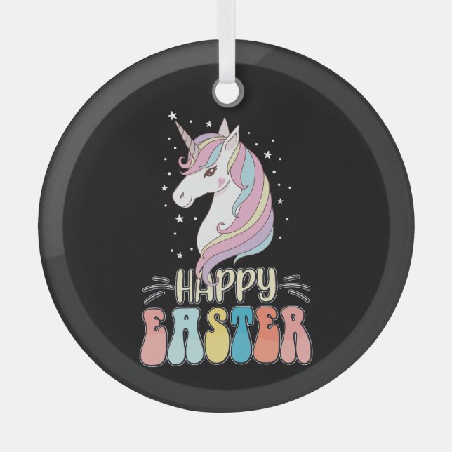 Happy Easter Unicorn Bunny Rabbit Eggs Glass Ornament (Front)