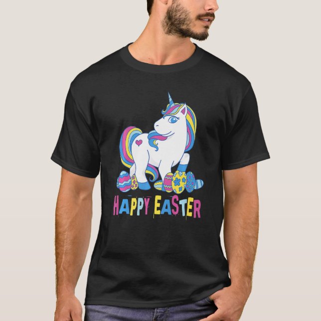 Happy Easter Unicorn With Easter Eggs T-Shirt (Front)