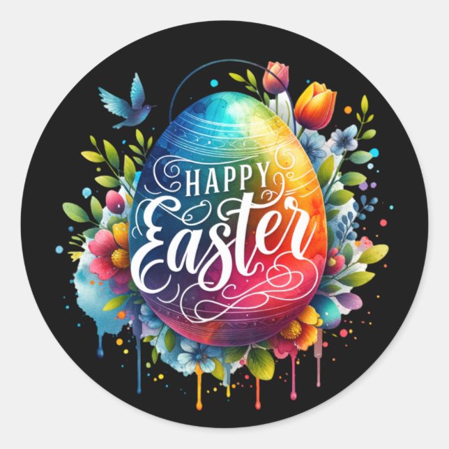 Happy Easter: Vibrant Watercolor Easter Egg Classic Round Sticker (Front)