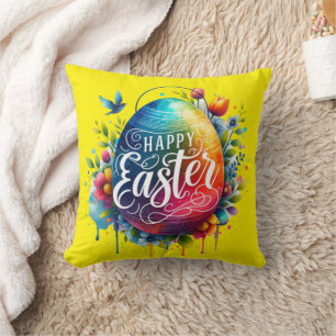 Happy Easter: Vibrant Watercolor Easter Egg Throw Pillow