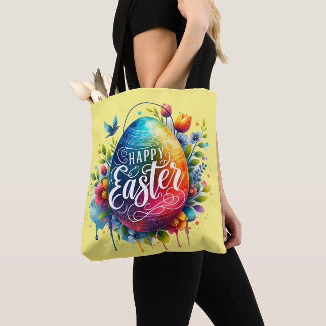 Happy Easter: Vibrant Watercolor Easter Egg Tote Bag (Close Up)