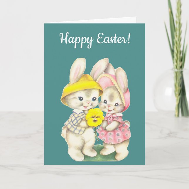 Happy Easter. Vintage Bunnies. Holiday Card (Front)