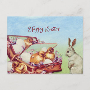 Happy Easter Vintage Bunny and Chicken  Holiday Postcard