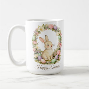 Happy Easter Vintage Bunny Floral Wreath Coffee Mug