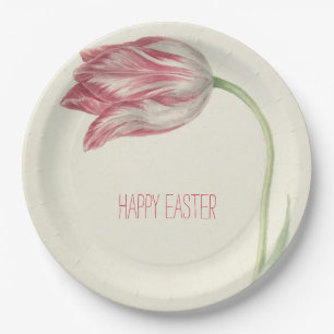 Happy Easter   Vintage Fine Art Pink & White Tulip Paper Plate