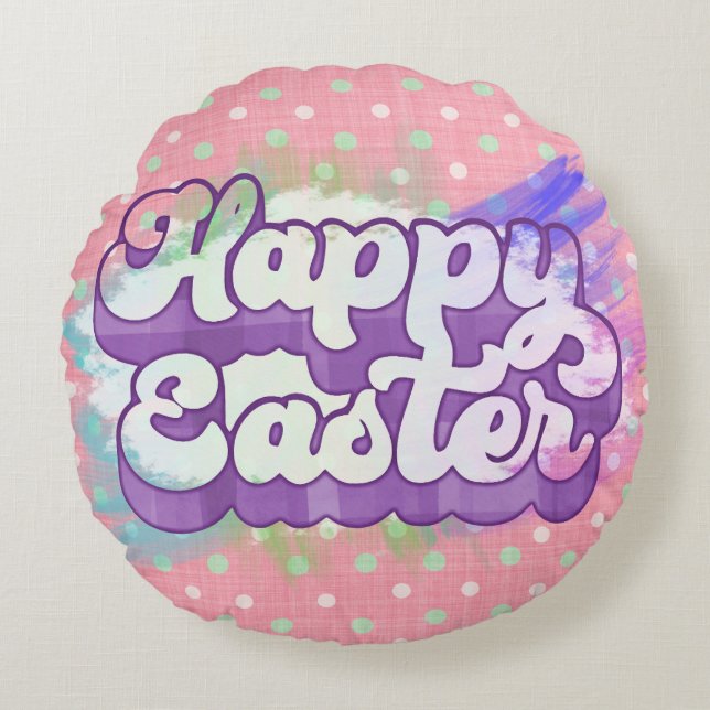 Happy Easter Vintage Pastel Paint Brushstrokes Round Pillow (Front)