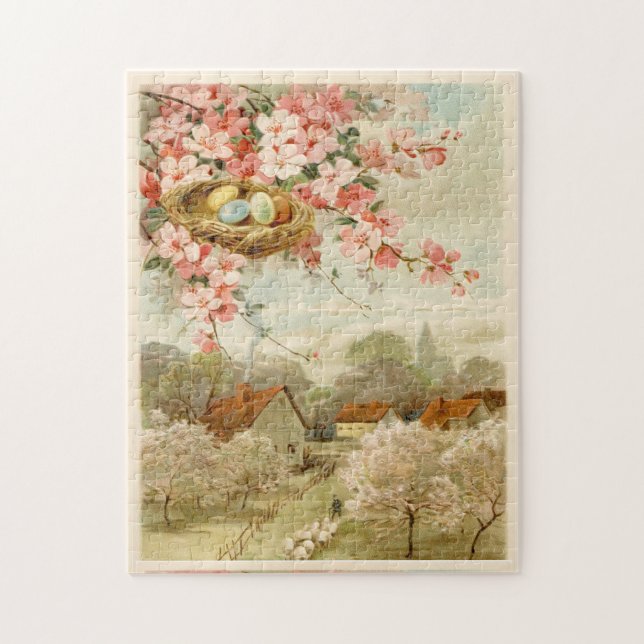 Happy Easter Vintage Pastoral Town Nest Puzzle (Vertical)