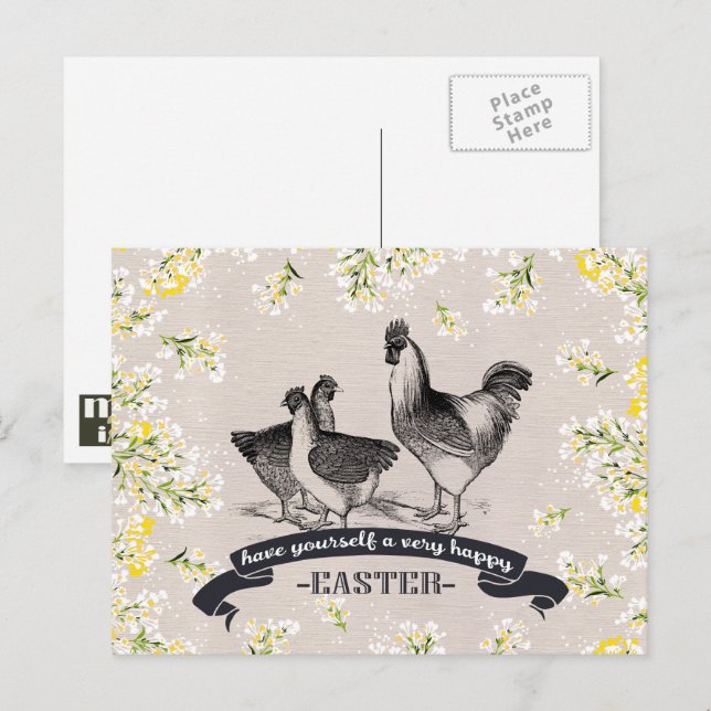 Happy Easter. Vintage Rooster & Hens Easter Holiday Postcard (Front/Back)