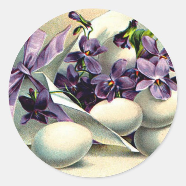 Happy Easter Violets & Eggs Vintage Classic Round Sticker (Front)