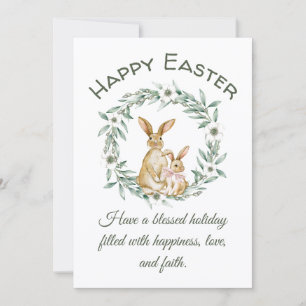 happy easter,watercolor bunnies greenery wreath  card