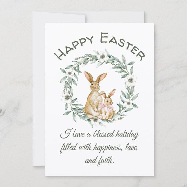 happy easter,watercolor bunnies greenery wreath  card (Front)