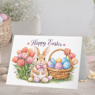 Happy Easter Watercolor Bunny Card Tulips