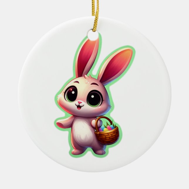 Happy Easter Watercolor Bunny Ceramic Ornament (Front)