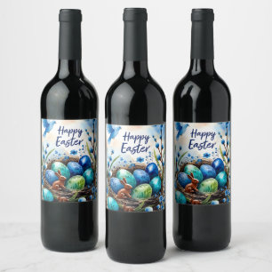 Happy Easter Watercolor Bunny Nest Card Wine Label