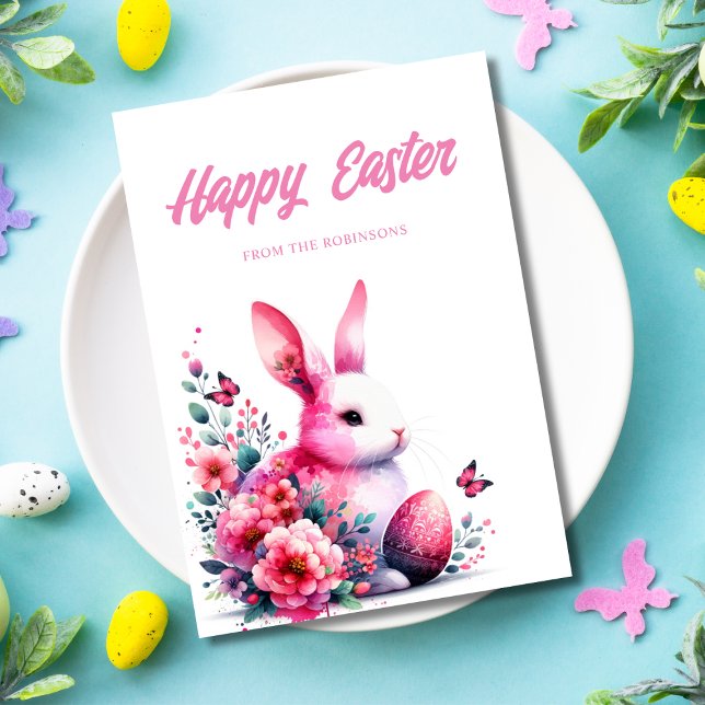 Happy Easter Watercolor Bunny Pink Holiday Card (Pink bunny happy easter card custom.)
