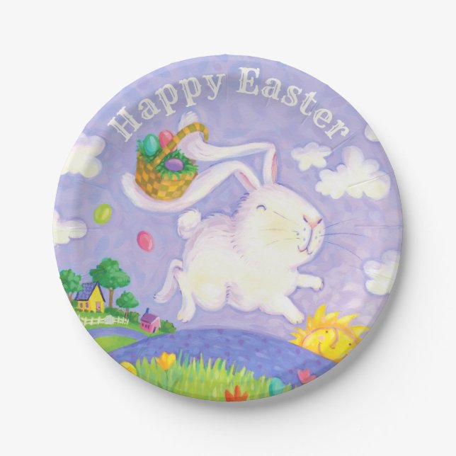 Happy Easter Watercolor Bunny Rabbit Eggs Basket Paper Plate (Front)