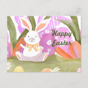 Happy Easter Watercolor Bunny with Easter Eggs  Holiday Postcard