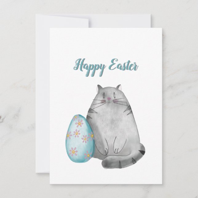 Happy Easter Watercolor Cat Holiday Card (Front)