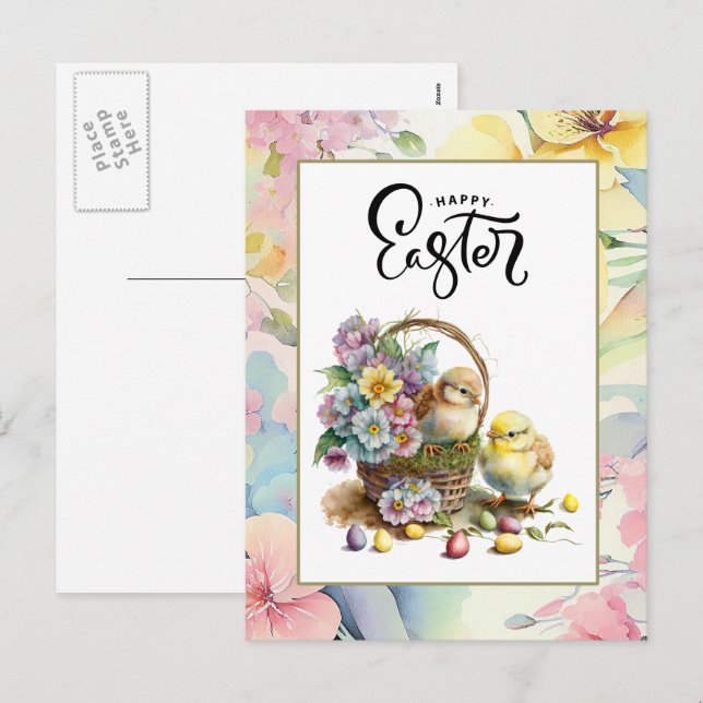 Happy Easter. Watercolor Cute Chicks with Eggs Holiday Postcard (Front/Back)