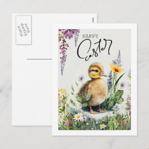 Happy Easter. Watercolor Cute Duckling Holiday Postcard