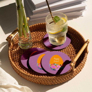 Happy Easter watercolor floral egg Round Paper Coaster