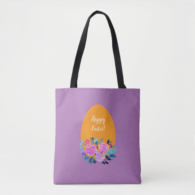 Happy Easter watercolor floral egg Tote Bag (Front)