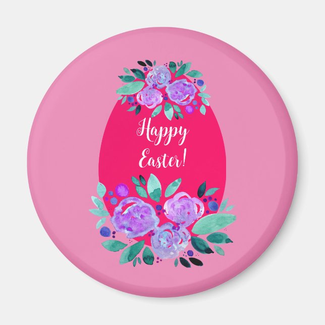 Happy Easter watercolor floral pink egg Magnet (Front)