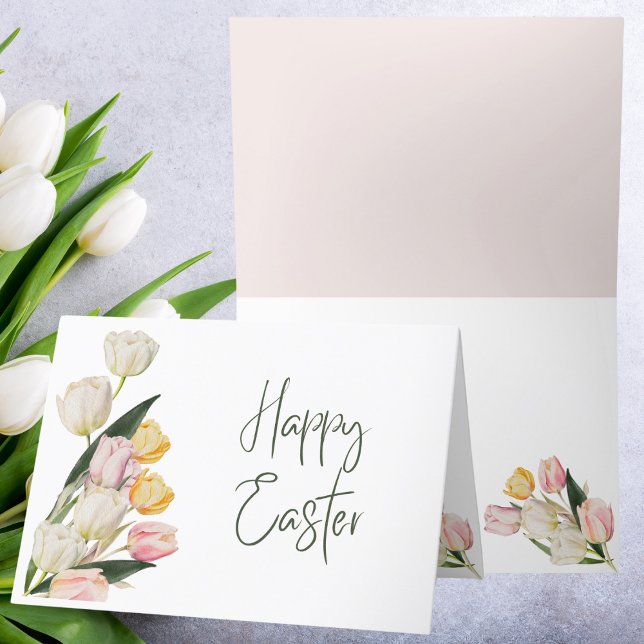 Happy Easter Watercolor Pastel Tulips Holiday Card (Creator Uploaded)