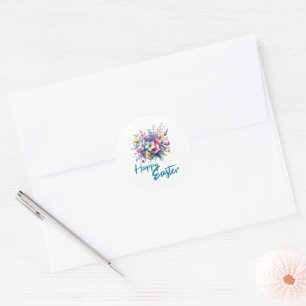 Happy Easter watercolor Spring Flower Bouquet Classic Round Sticker